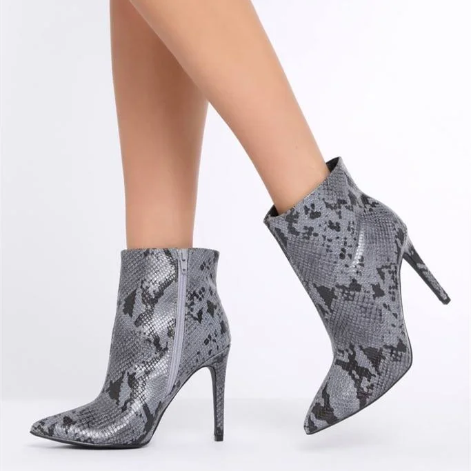 Grey Snakeskin Booties Stiletto Heel Pointy Toe Fashion Ankle Boots |FSJ Shoes