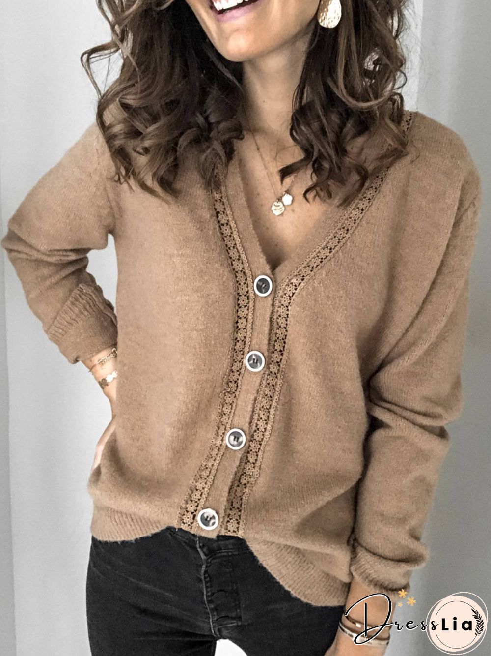 Casual Autumn Knitted V neck Mid-weight Micro-Elasticity Daily Long sleeve Jacket for Women