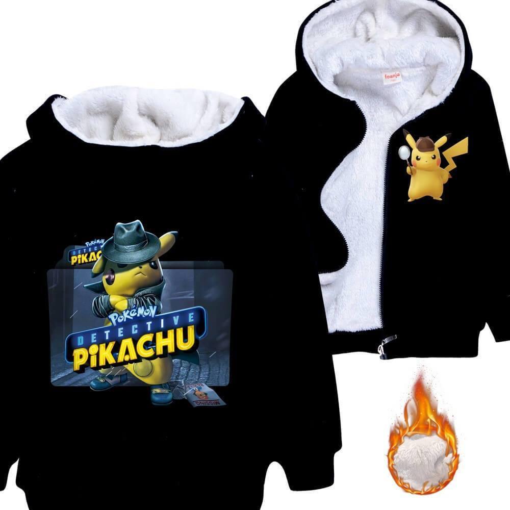 Mayoulove Pokemon Detective Pikachu Print Boys Girls Fleece Lined Zip Up Hoodie-Mayoulove