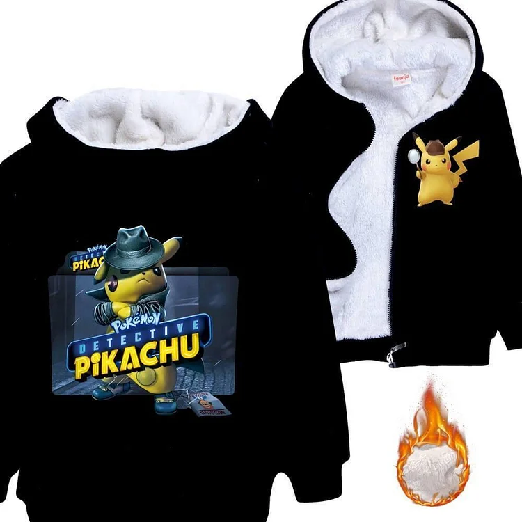 Pokemon Detective Pikachu Print Boys Girls Fleece Lined Zip Up Hoodie-Mayoulove