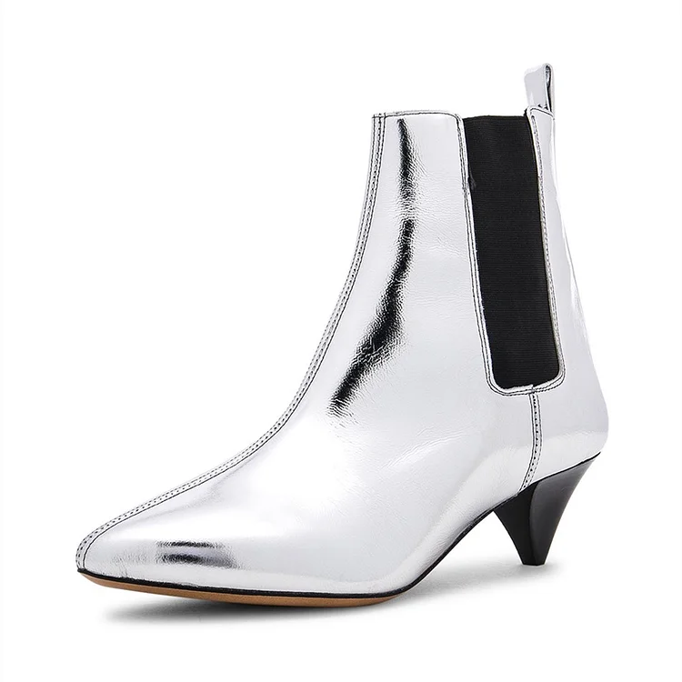 Silver Metallic Chelsea Boots Cone Heel Pointy Toe Ankle Boots |FSJ Shoes