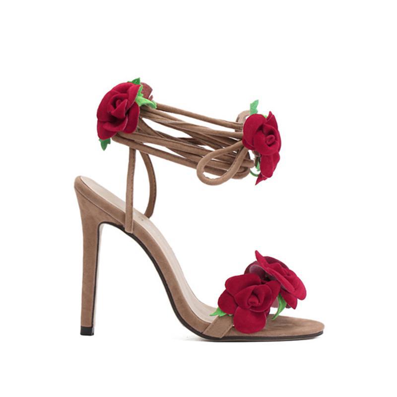 Lace Up Sandals Microfiber Rose Flower Apricot Women Sandals