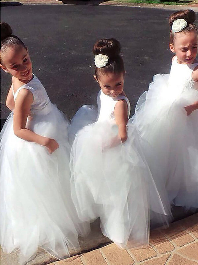 Oknass A-Line Sleeveless Jewel Neck Flower Girl Dresses Lace Satin Tulle  With Lace