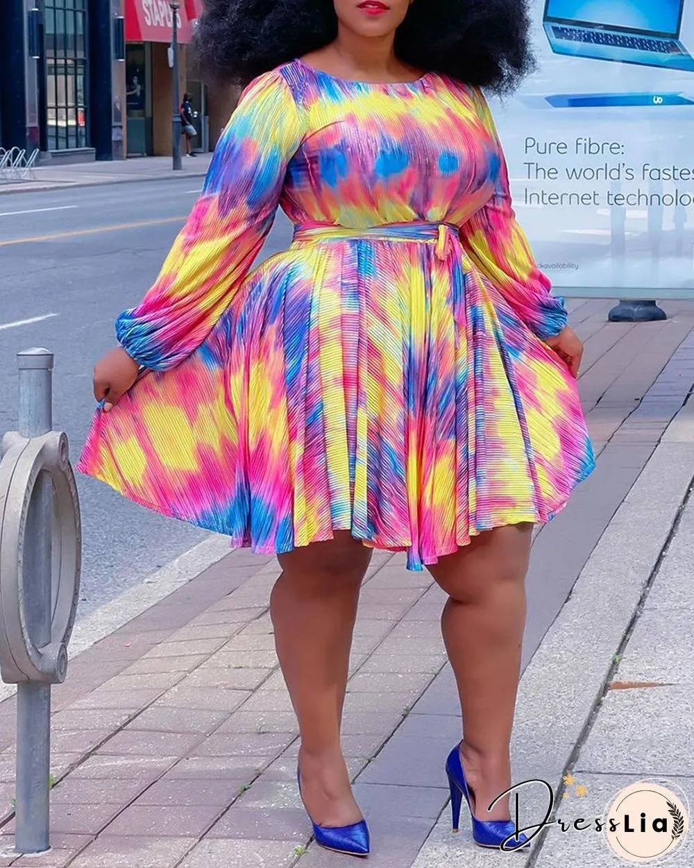 Plus Size Colorblock Lantern Sleeve Casual Dress