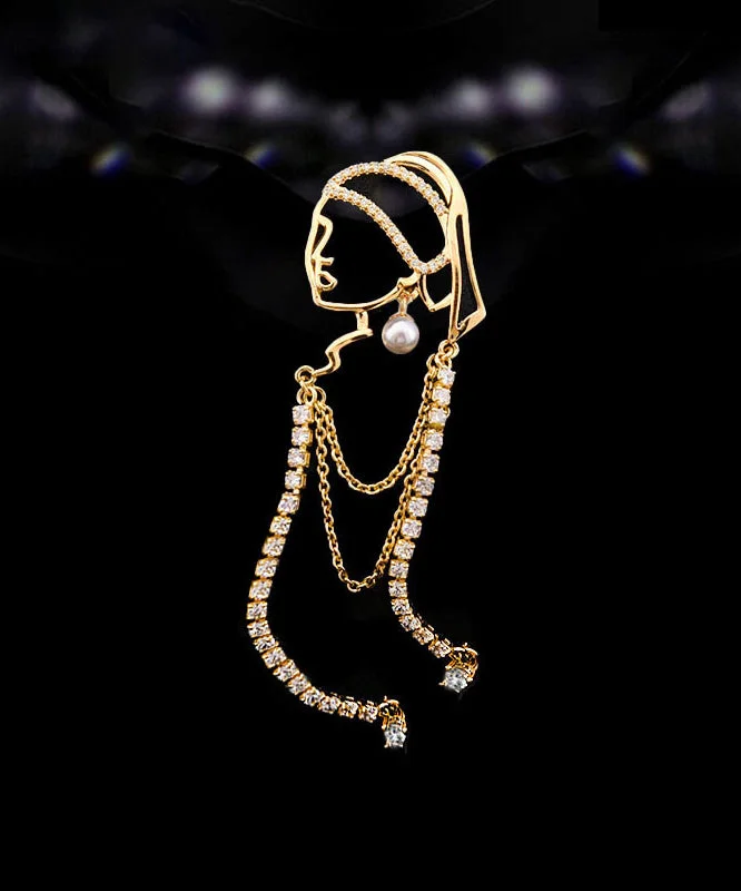 Modern Gold Alloy Zircon Girl With A Pearl Earring Tassel Brooches