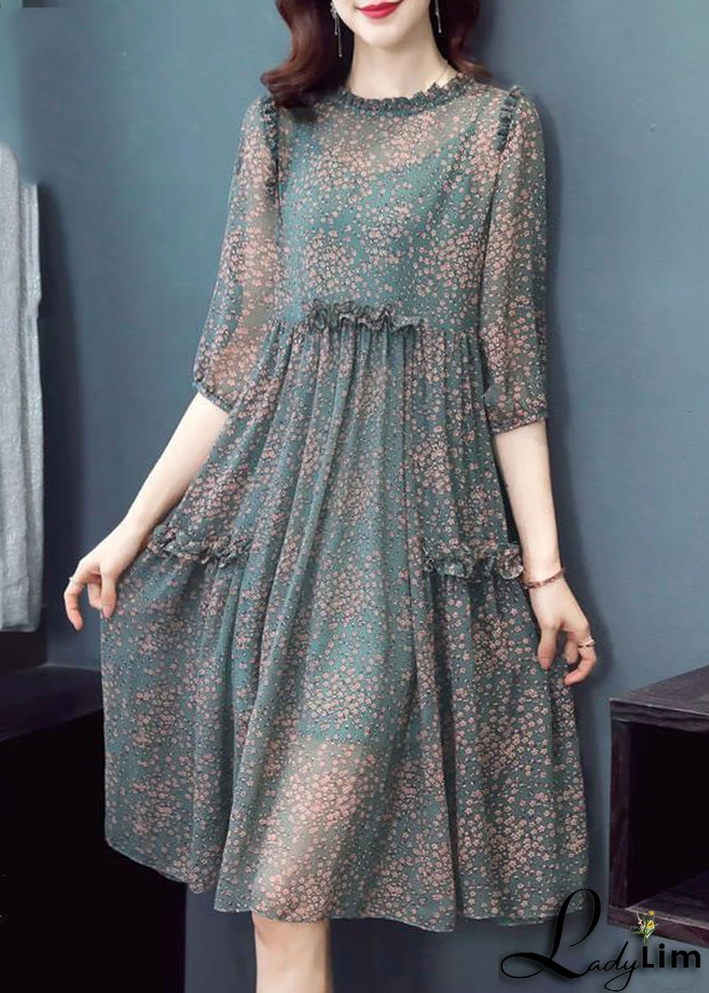 Boutique Green O-Neck Ruffled print Chiffon Dresses Half Sleeve