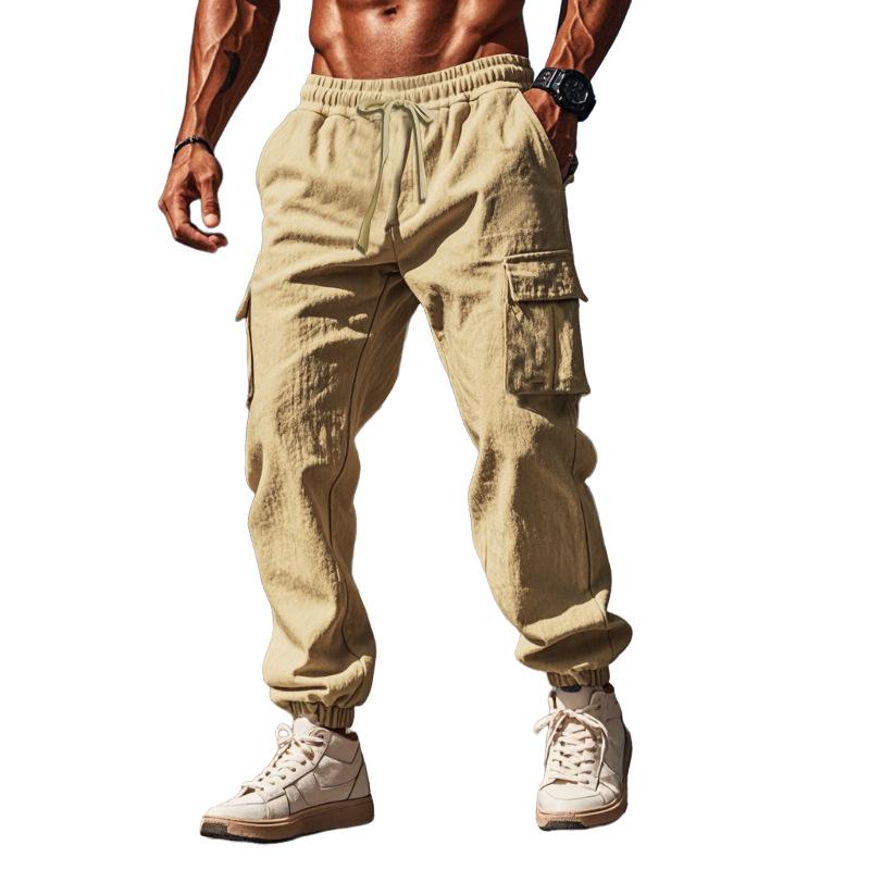 Men's Casual Solid Color Drawstring Multi-Pocket Trousers