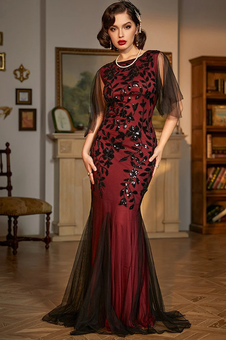 1920s Black Wine Cocktail Party Sequin Tulle Ruffle Sleeves Tail Maxi Dress
