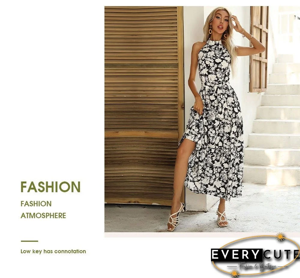 Summer New European and American Printed Open Neck Dress with Suspender