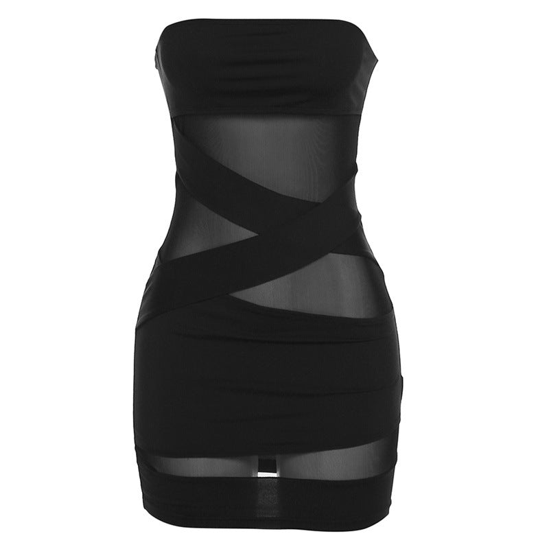 Winter Women  Clothing Chest Wrapped off Neck Sexy See through Slim Fit Sheath Dress for Women