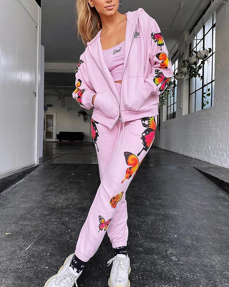 Butterfly Print Zip Up Hooded Jacket & Pants Set - Shop Trendy Women's Clothing | LoverChic