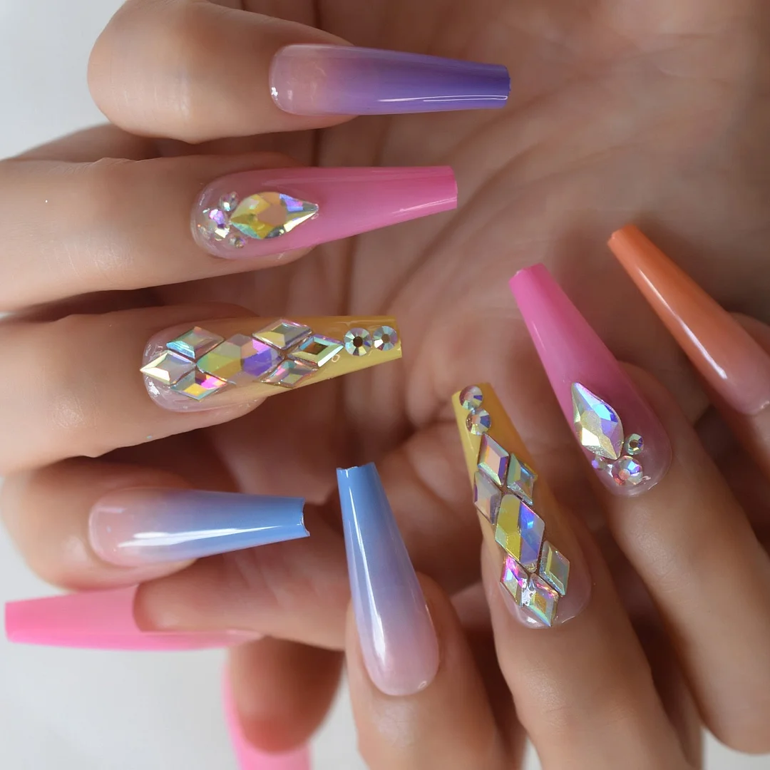 Gorgeous Rainbown Nails Coffin Shape 3D Crystal Decorative Faux Ongles Ombre Pink Blue Yellow Fashion Fake Nails Tip