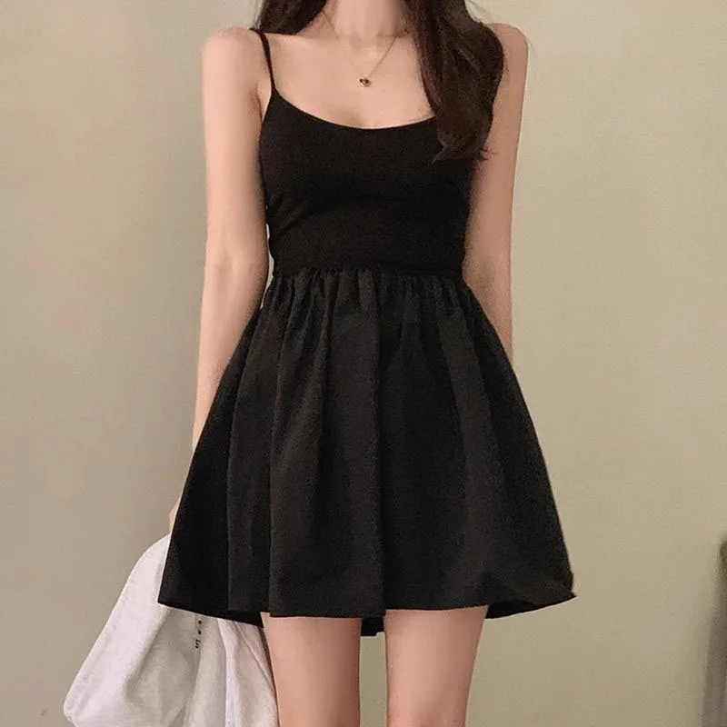 Groksage Black Spaghetti Strap Dresses Women Fashion Patchwork Sexy Backless Party Mini Dress Female Summer High Waist Slim A-line Dress