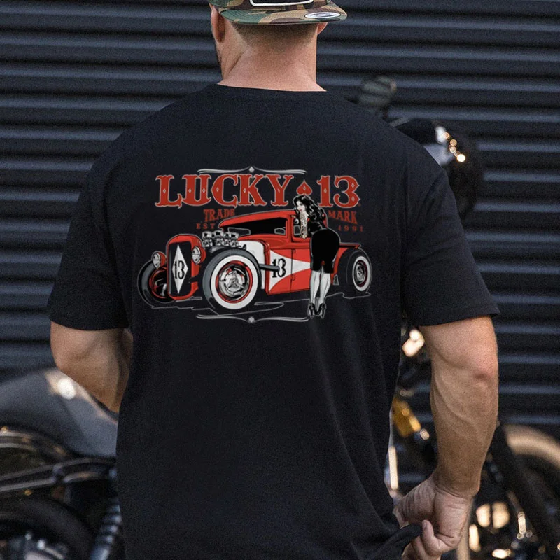 LUCKY 13 TRADE MARK Sexy Lady & Car Print Men's T-shirt