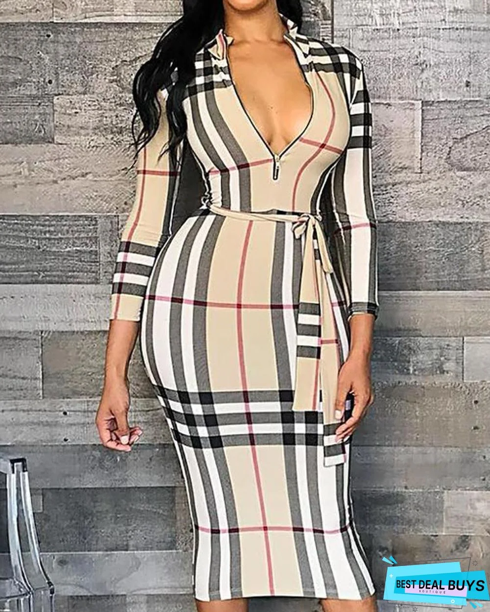 Grid Long Sleeve Zipper Front Bodycon Dress