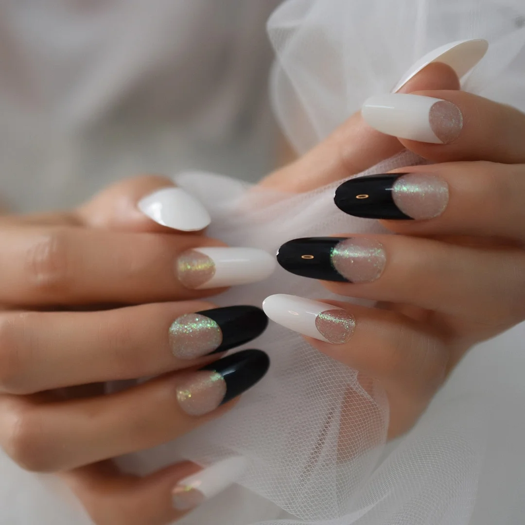 Glitter Nails Almond Shape Medium-Short Black&White Mix&Match Charms Simple Design Reuseable Detachable Nails Art Supplies EchiQ-Nail Inspo