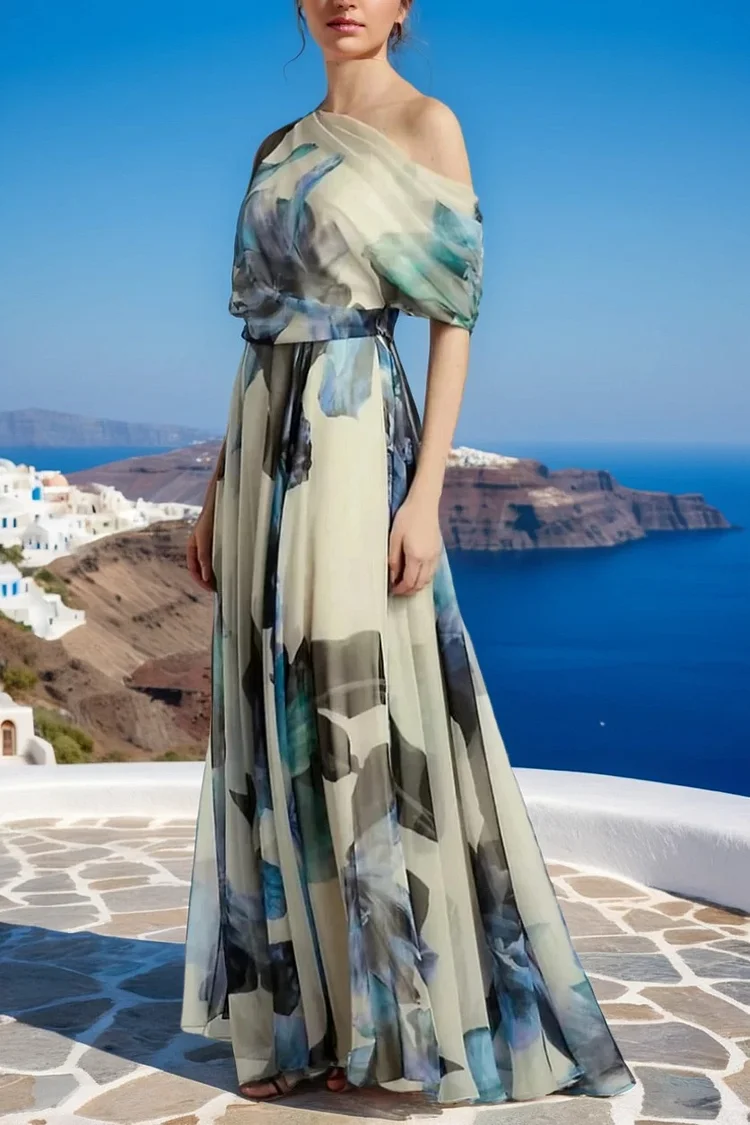 French Sky Blue Asymmetrical Print Chiffon Long Dresses Summer