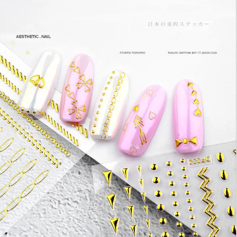 1Pcs 14x9cm 3D Metal Fashion Pattern Glamour Nail Art Sticker Self-adhesive Tape 3D Gold Chain Zipper Nail Design Applique