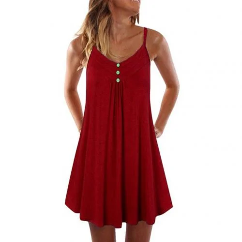Women Summer Sundress  V Neck Sleeveless Button Pleated Large Hem Sundress Female Boho Knee-length Casual Dress Loose