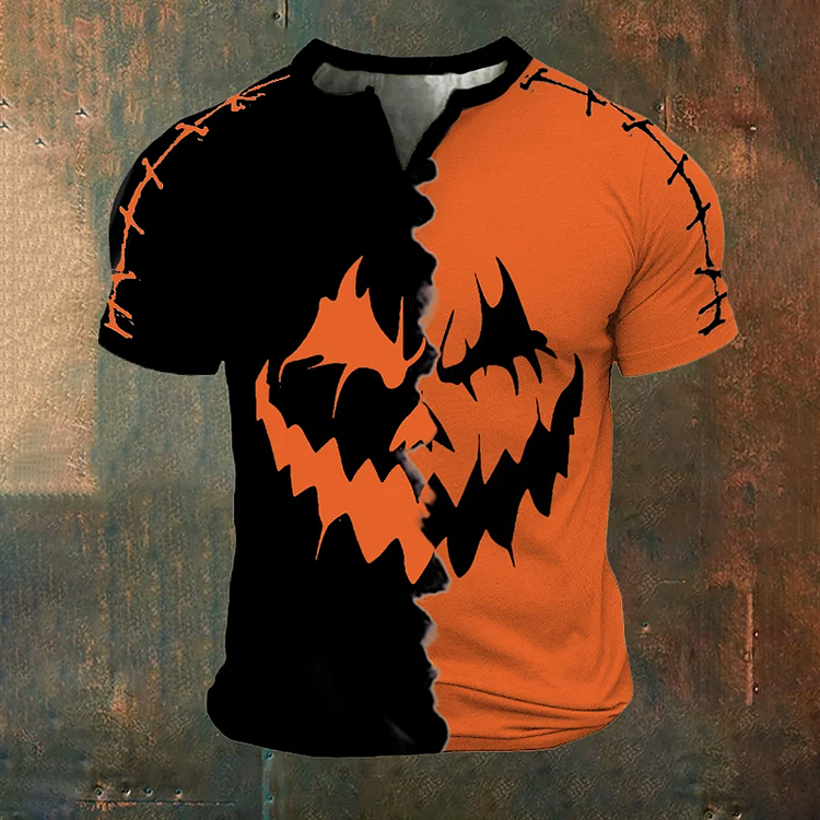 Broswear 🎃🔥Halloween Pumpkin Monster Color Contrast Henry T-Shirt