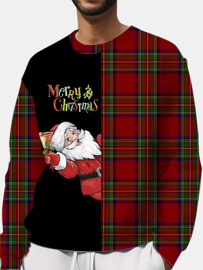 Men's Christmas Cute Santa Claus Plaid Print Long Sleeve Crew Neck Sweatshirt PLUSCLOTHESMAN