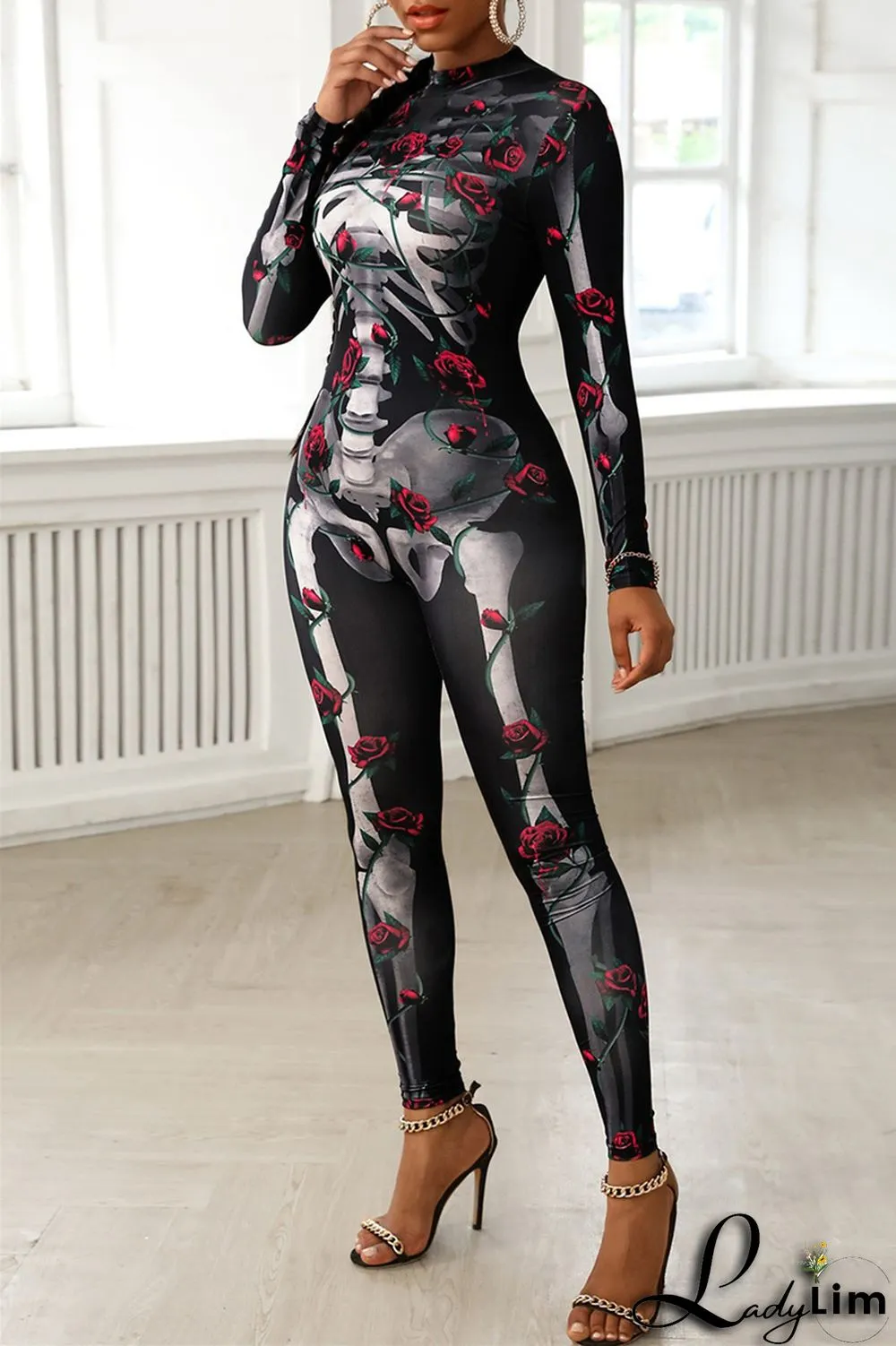 Black Fashion Casual Print Patchwork Half A Turtleneck Skinny Jumpsuits