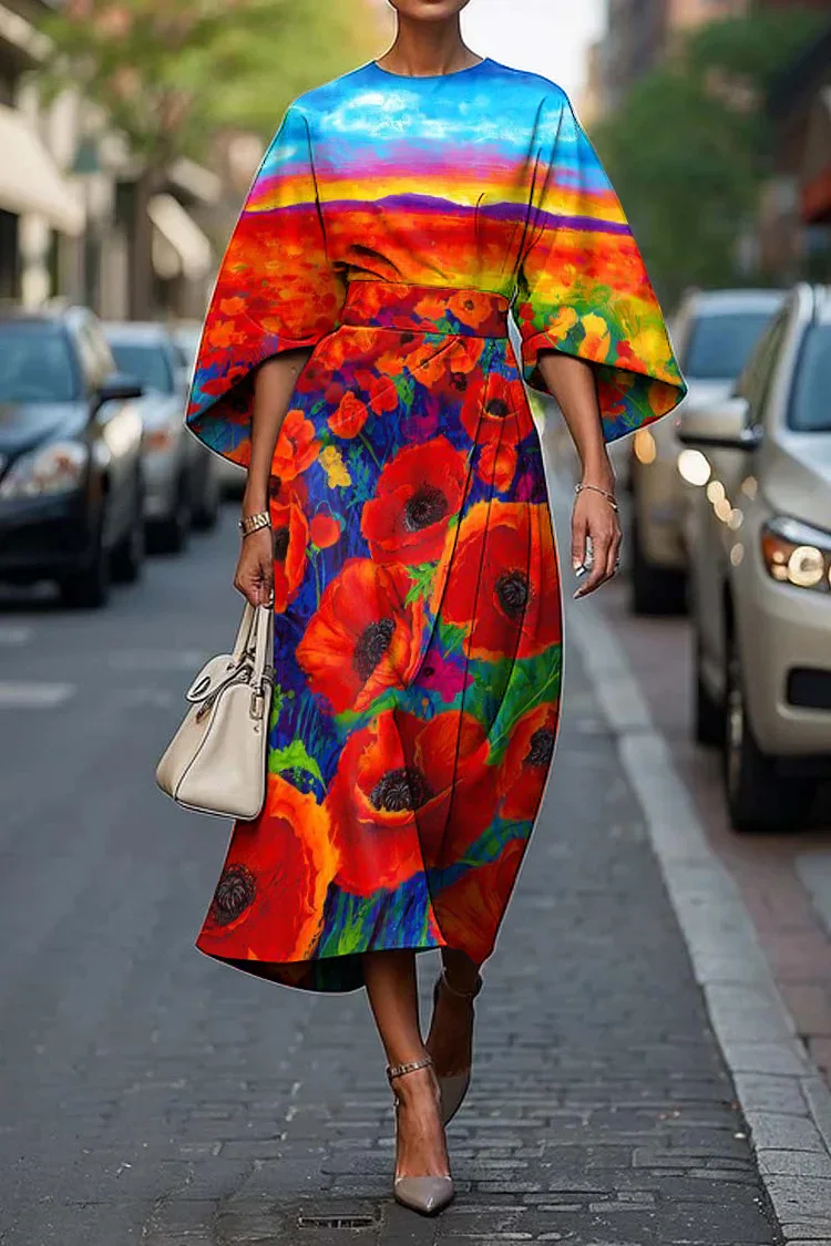 Women's Elegant Poppy Art Print Midi Dress