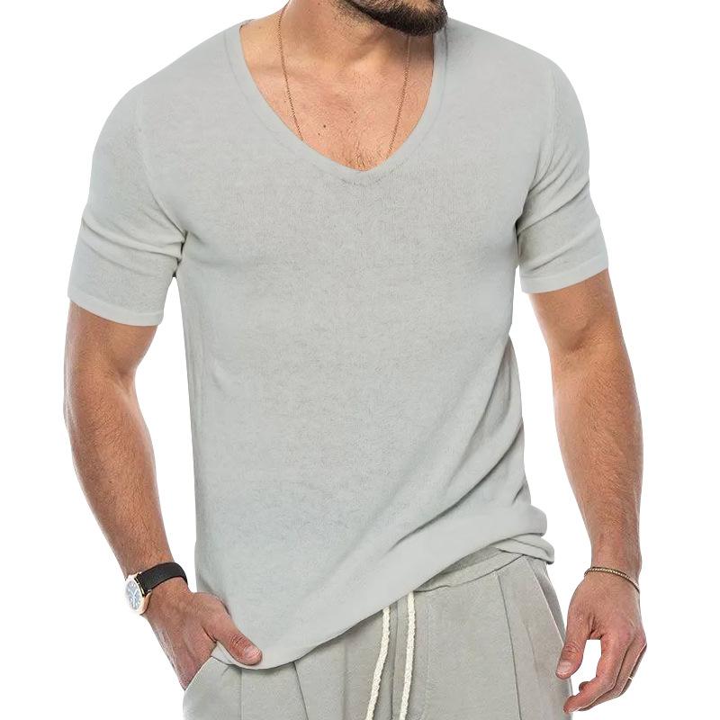 Men's Casual V-Neck Solid Color Short-Sleeve Slim Fit T-Shirt 07376666M