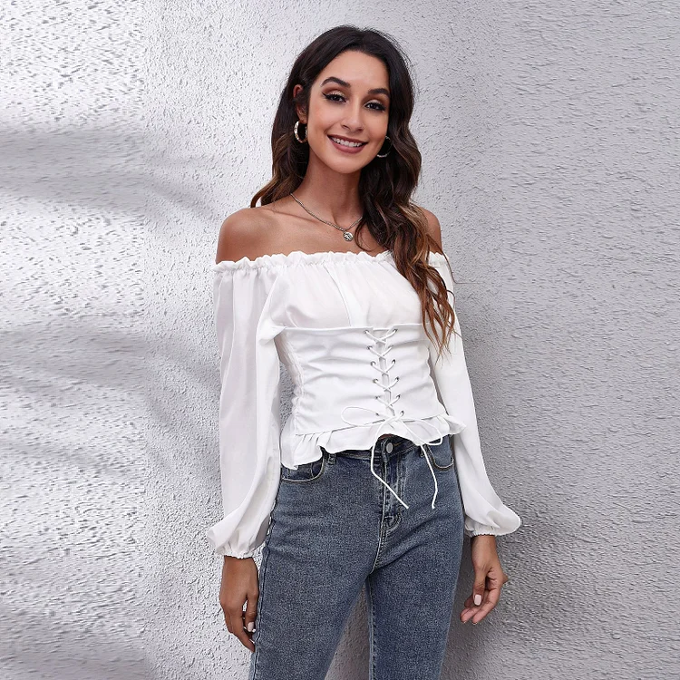 Lantern Sleeve Lace Up Blouse For Women Summer Off Shoulder White Lace Tops Women's Tops and Blouses Hollow Out Blouse