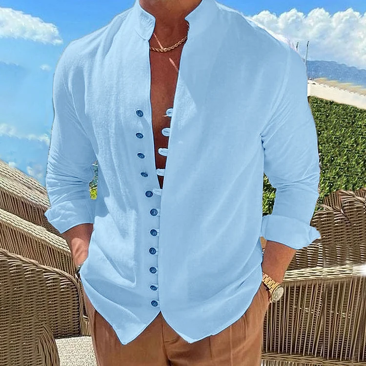 BrosWear Half Turtleneck Button-Up Cotton Linen Shirt