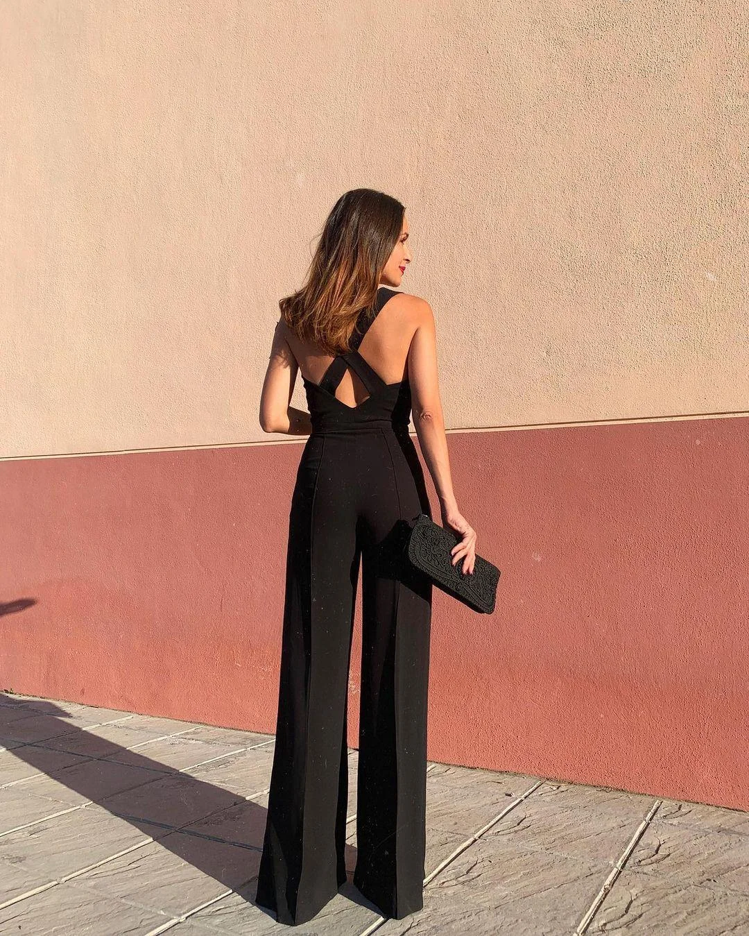 Brownm Commute Wide-leg Pants Straight Mid-waist Backless Black Trousers Thin Jumpsuit