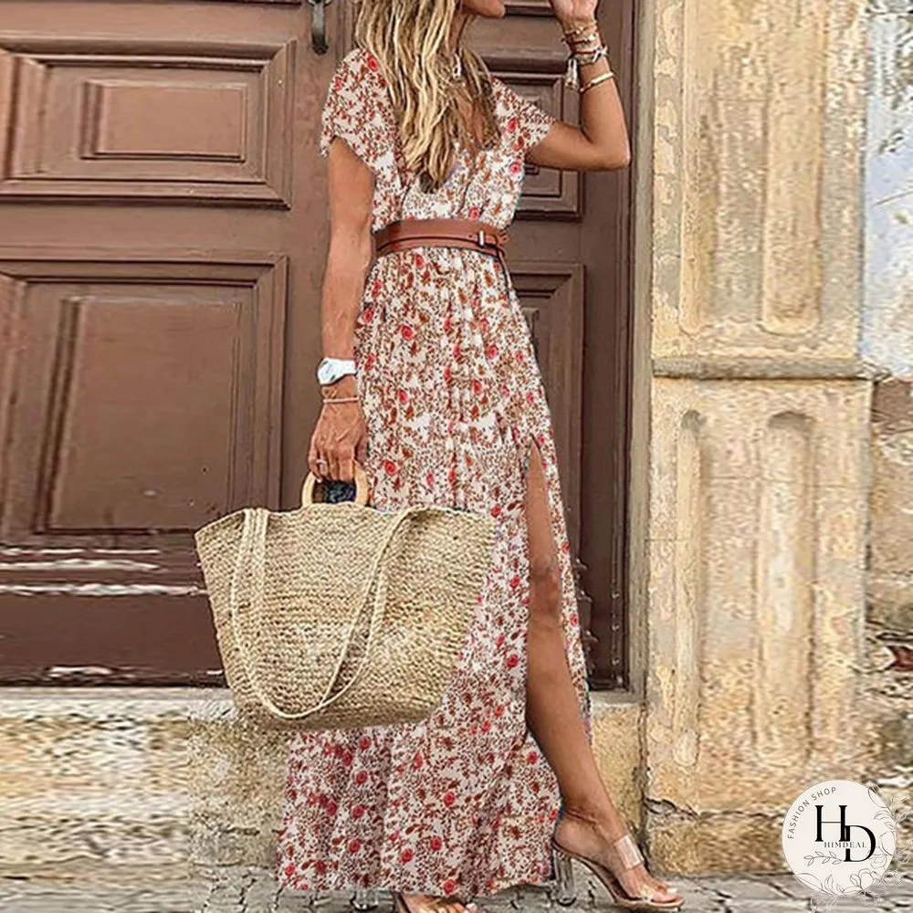 Ladies Summer Sexy Printed Boho Dress with Belt Belt