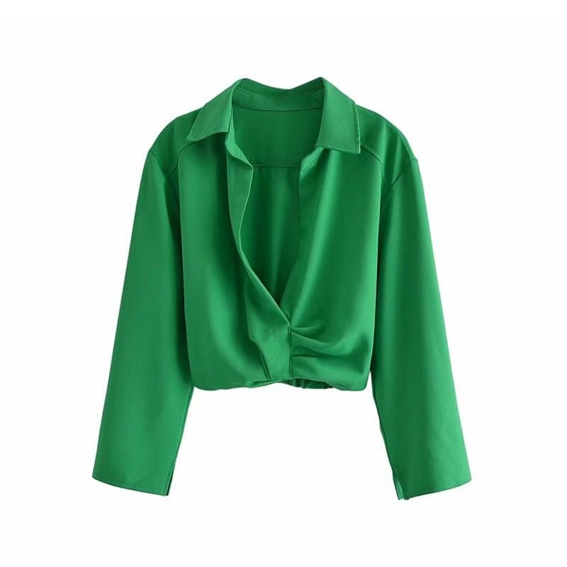 TRAF Women Fashion Pleated Cropped Blouses Vintage Three Quarter Sleeve Back Elastic Hem Female Shirts Chic Tops