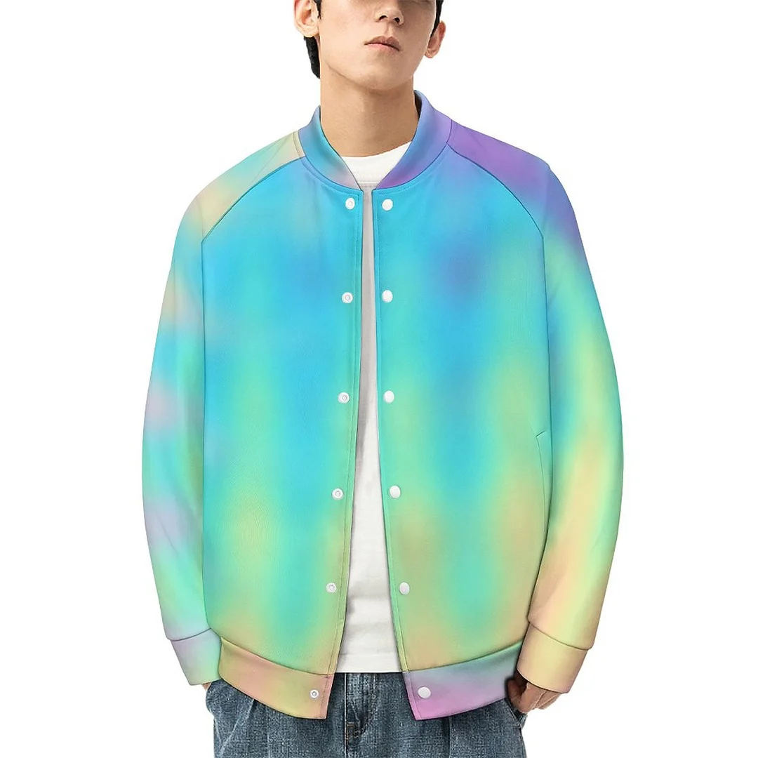 Plus Size Unisex Pastel Rainbow Women Single Breasted Long Sleeve Bomber Jacket Men Stand Collar Varsity Coat Outfit