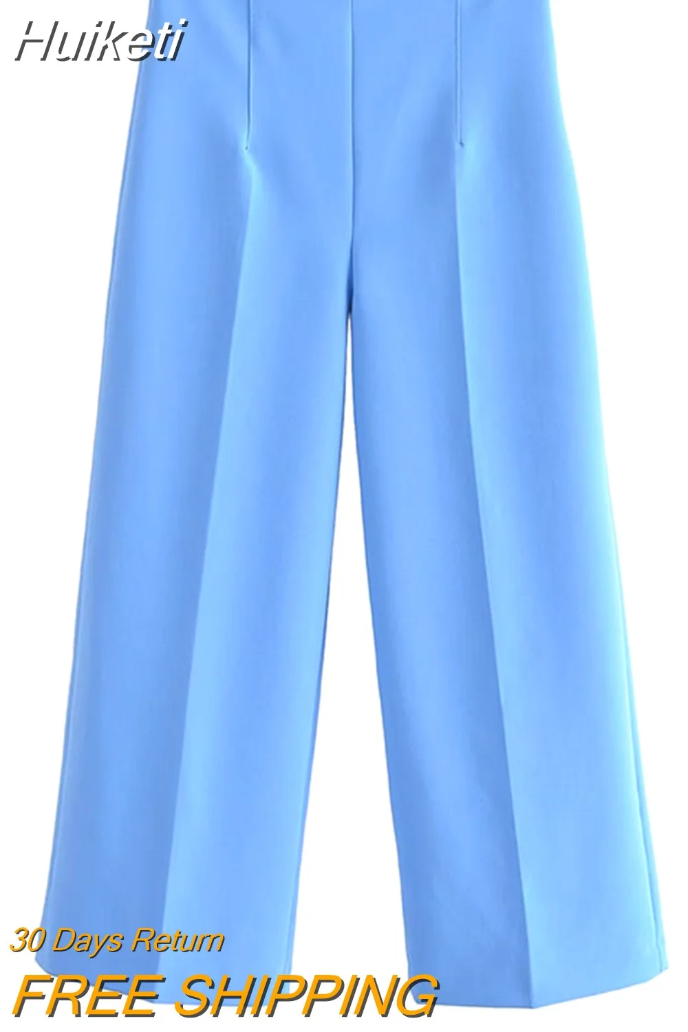 Huiketi 2023 Women Fashion Summer Blue Loose Wide Leg Pants Vintage High Waist Side Zipper With Pocket Female Vintage Trousers