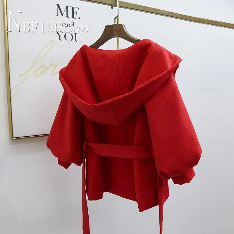 2020 Women Woolen Coat Solid Color Hooded Waist Strap Female Jacket