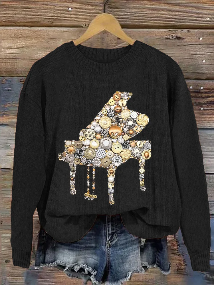 Comstylish Piano Button Art Cozy Knit Sweater