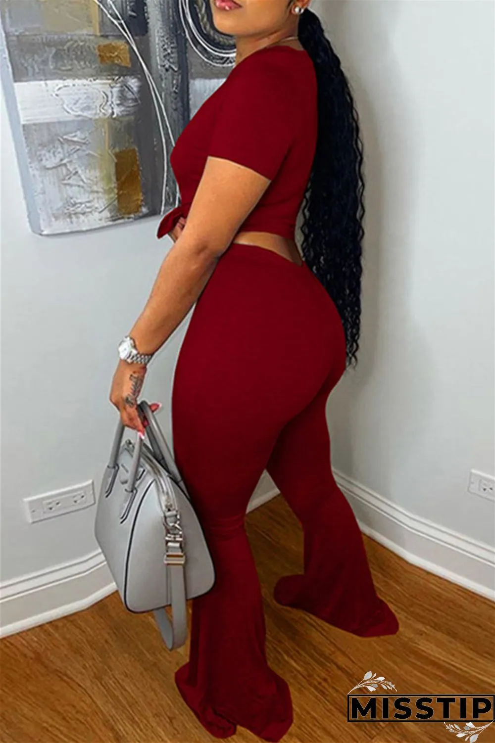 Burgundy Fashion Casual Solid Basic O Neck Short Sleeve Two Pieces