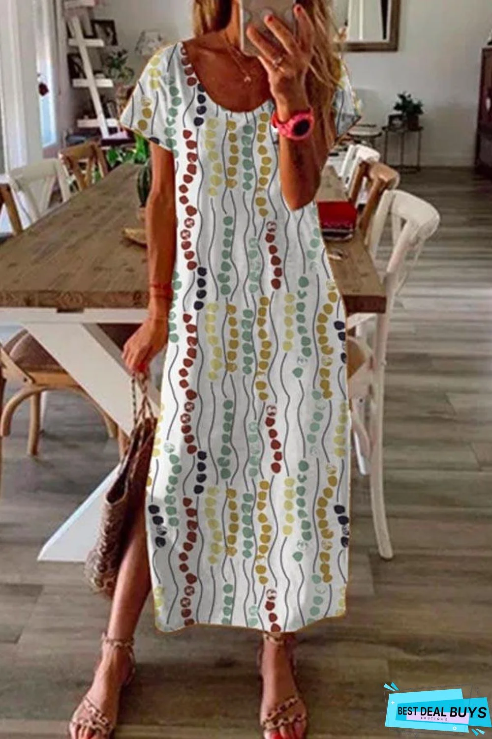 Graphic Print Crew Neck Casual Slit Midi Dress