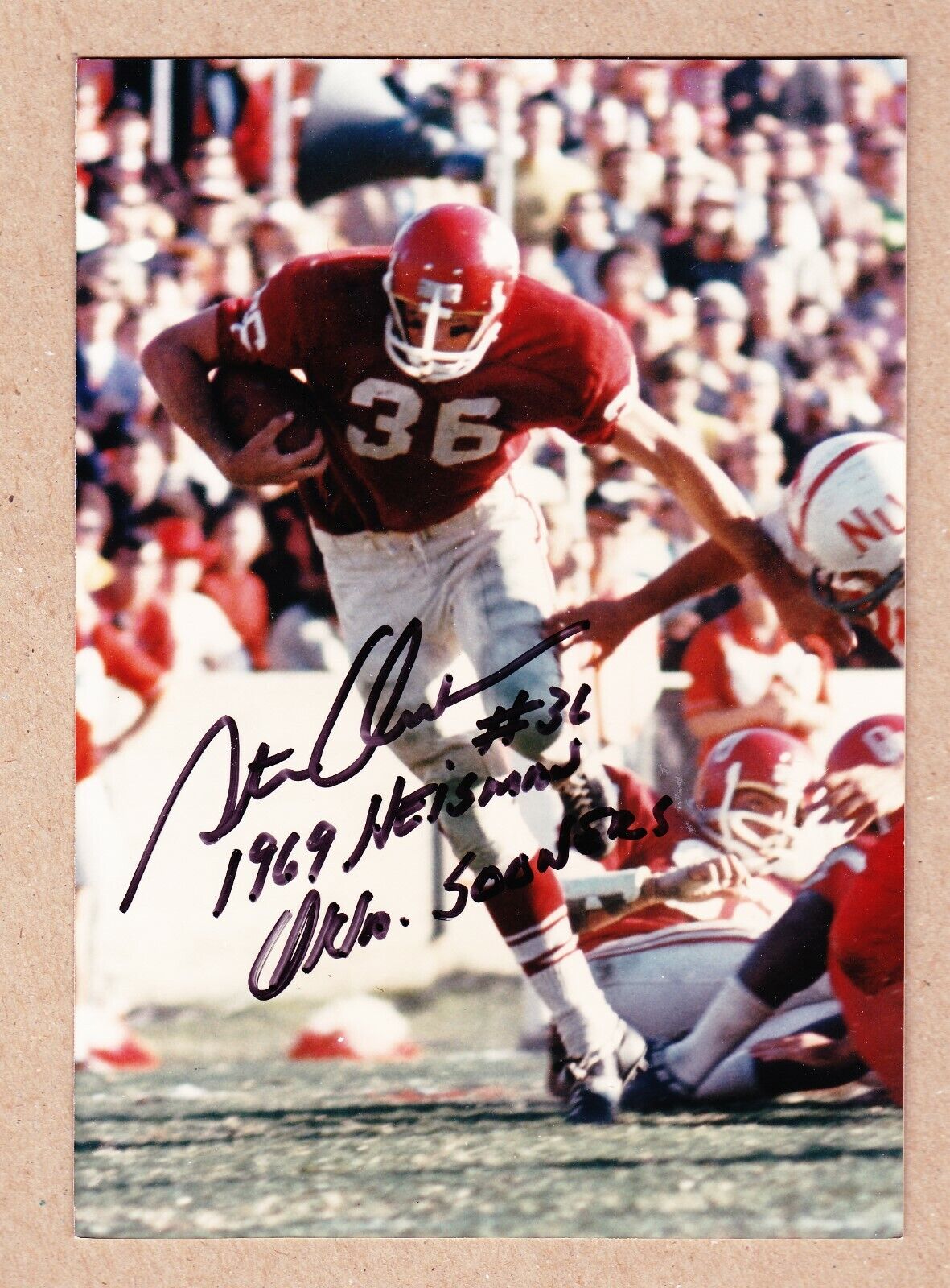 Steve Owens signed 5x7 Oklahoma Sooners 1969 Heisman Trophy color Photo Poster painting