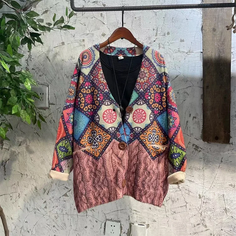 Plus Size - Knitted Floral Autumn Colorful Sweater Coat socialshop