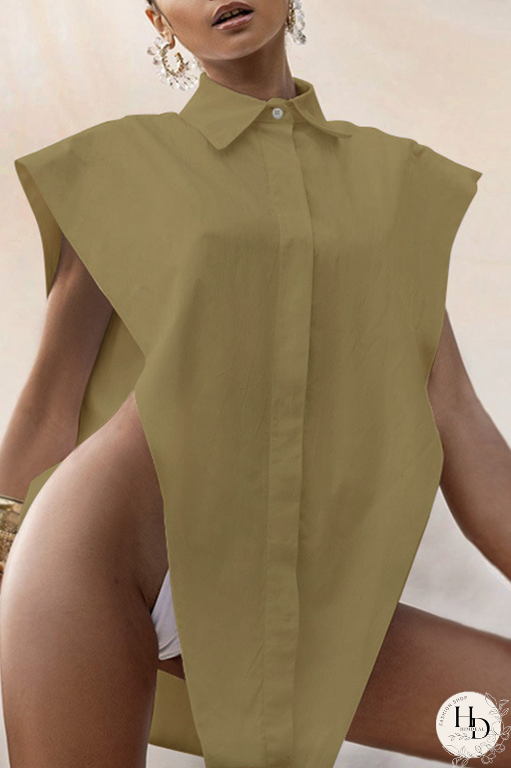 Green Casual Solid Split Joint Turndown Collar Tops