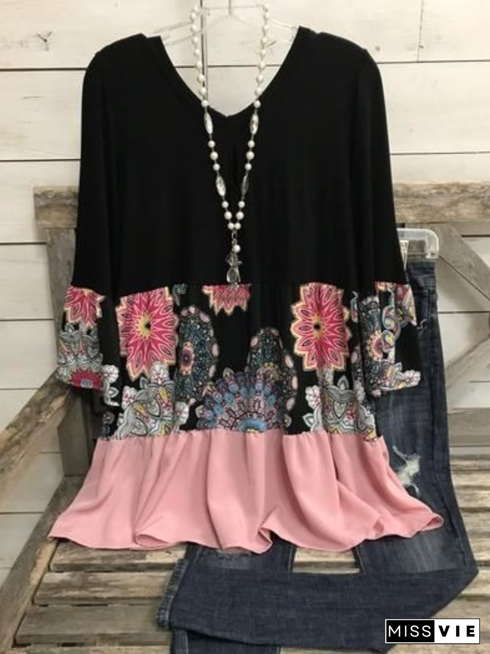 Casual Long Sleeve Round Neck Plus Size Printed Tops