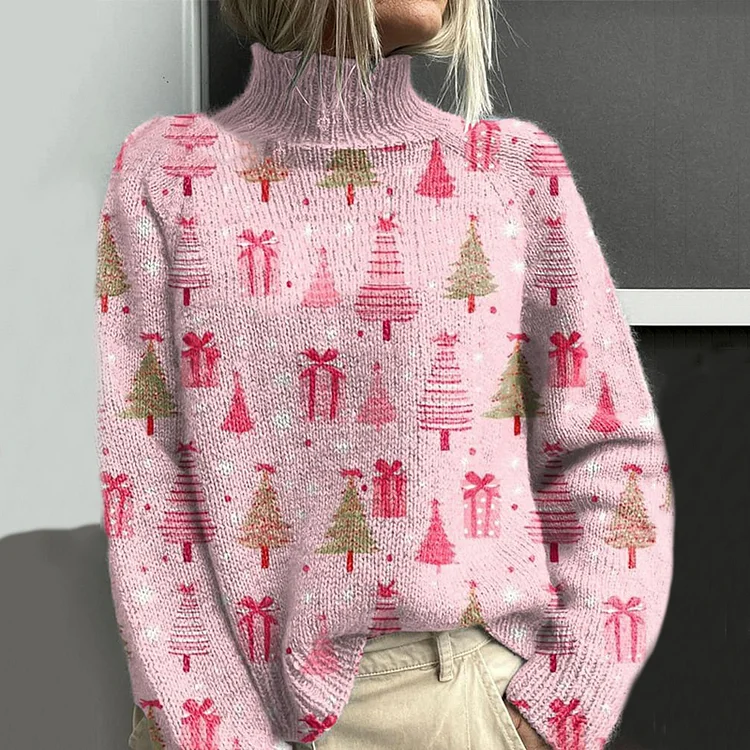 Pink Christmas Tree Art Print Knitted Turtleneck Sweater