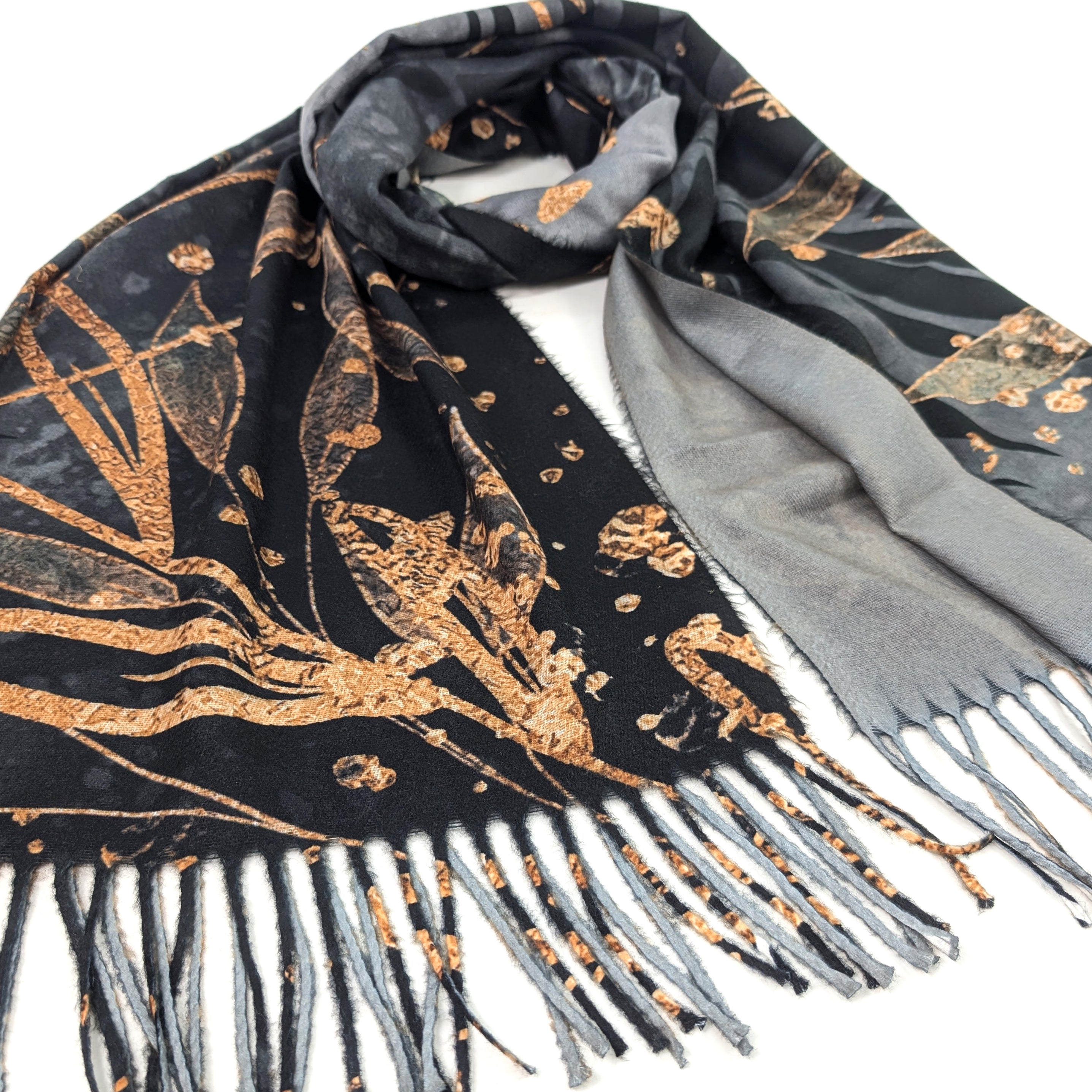 Kursi - Golden Leaf Pashmina Style Scarf (70x180cm) - Black