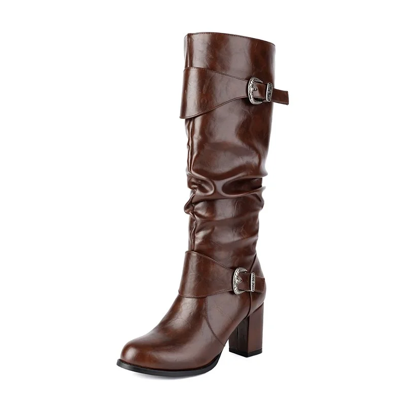 Women's 75mm High Heels Elegant Faux Leather Buckle Zipper High Knee Boots