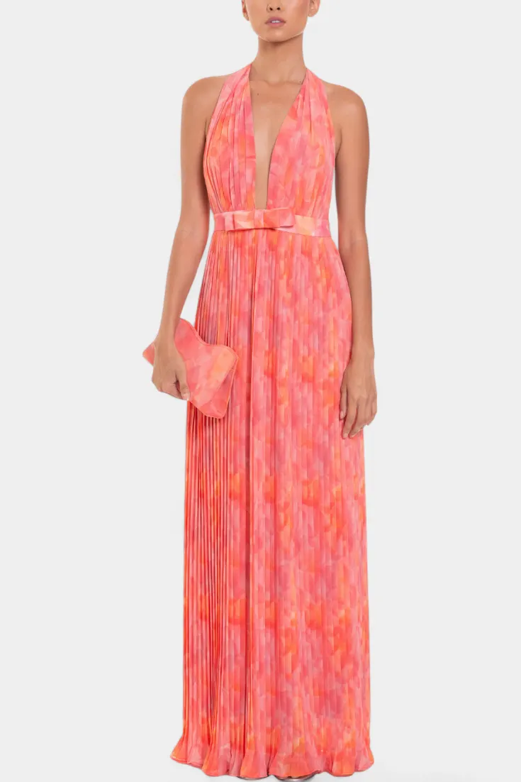 Pleated Halter Maxi Dress with Deep V Neck