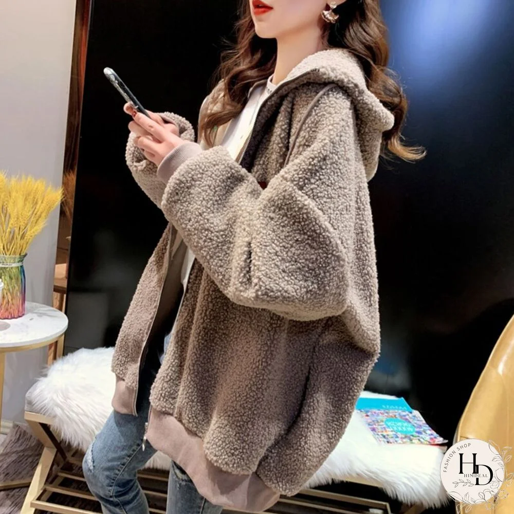 Winter Warm Embroidery Letter Wool Coats With Hood Women Loose Casual Korean Fashion Lady Fur Jacket Elegant Outwear New