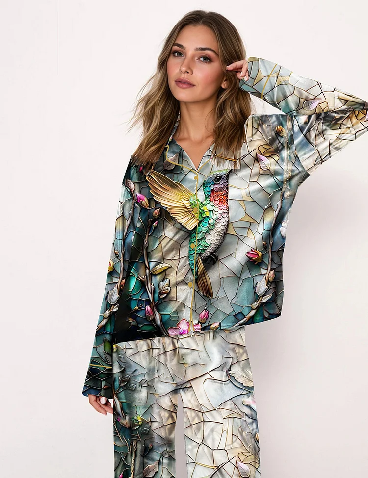 Women's Hummingbird Bird Lovers Long Sleeve  Pajama Set