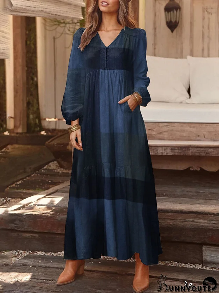 Plaid Print Pocket V-neck Long Sleeve Maxi Vintage Dress